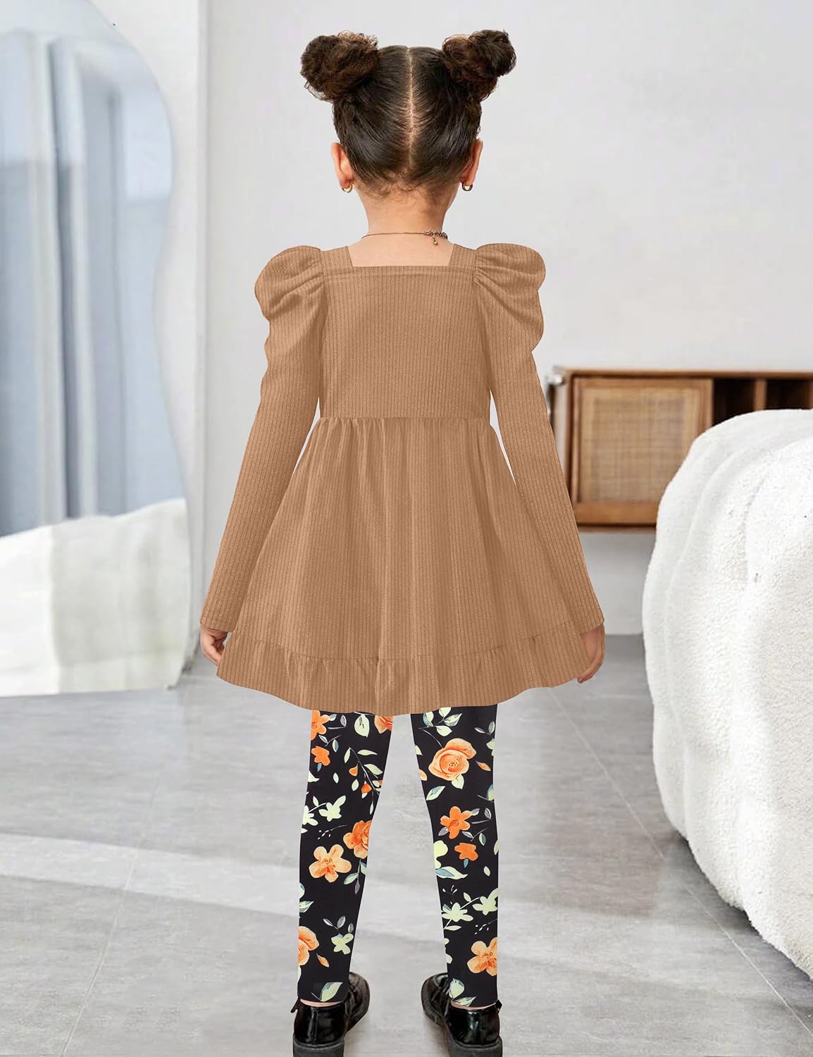 Qaoerde Toddler Girl Clothes Square Neck Ruffle Hem Long Sleeve Top Floral Print Leggings Fall Outfits Kids Clothing Sets