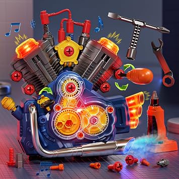 Jovow Engine Building Kit, Kids Mechanic Toys for Motorcycle Engine Toy, STEM Engine Model Kit Toy with Cool Light and Music, Educational Science Building for Boys Age 3+Year Old Mechanic Tools Blue