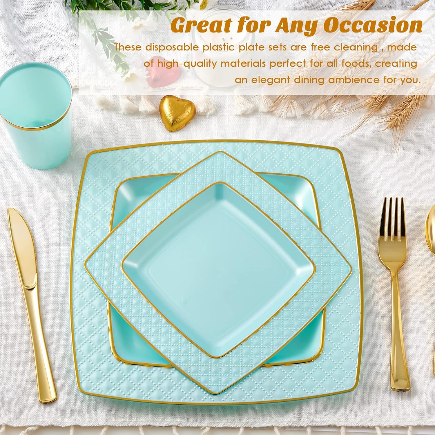 FOCUSLINE 150PCS Green Plastic Plates - Square Disposable Plates - Gold Plastic Plates Include 25 Dinner Plates, 25 Dessert Plates, 25 Cups, 25 Forks, 25 Knives, 25 Spoons for Weddings,Christmas,Party