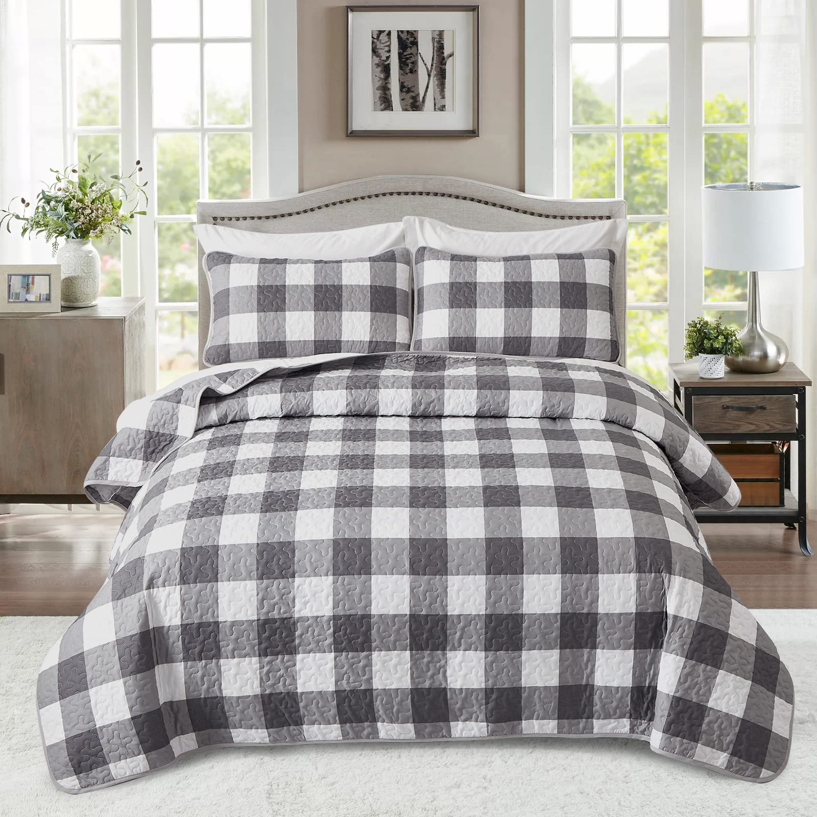 Grey Buffalo Plaid Quilt Set Queen Size 