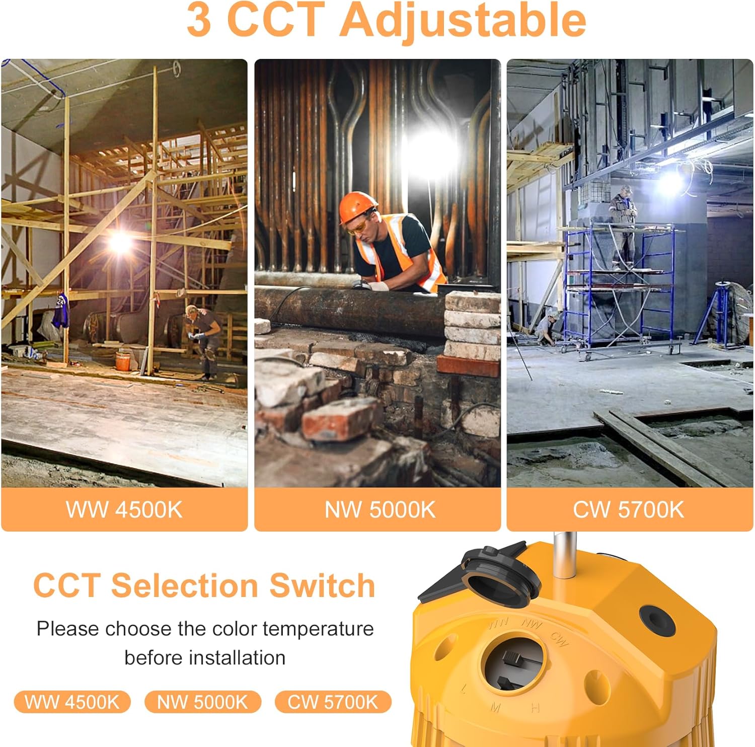 LED Temporary Work Light,100W/80W/60W Adjustable,4500K/5000K/5700K CCT Adjustable Construction Light with 10ft Cable Plug and Sturdy Hooks Linkable LED Work Job Site Lighting ETL Listed AC100-277V