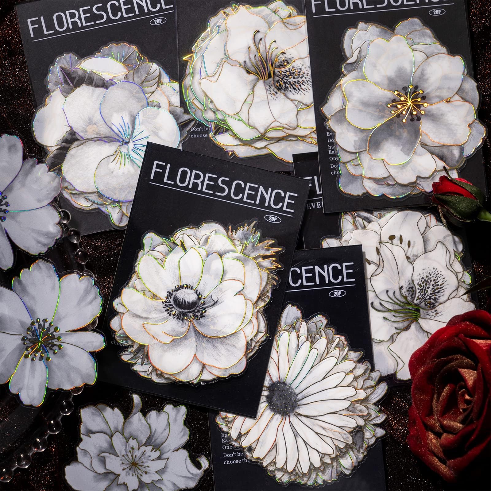 Knaid 120 Pieces Large Size Black and White Flower Stickers with Gold Holographic Outlines, Glitter Shiny Floral Waterproof Decorative Decals for Scrapbooking Supplies Junk Journal Bullet Journals