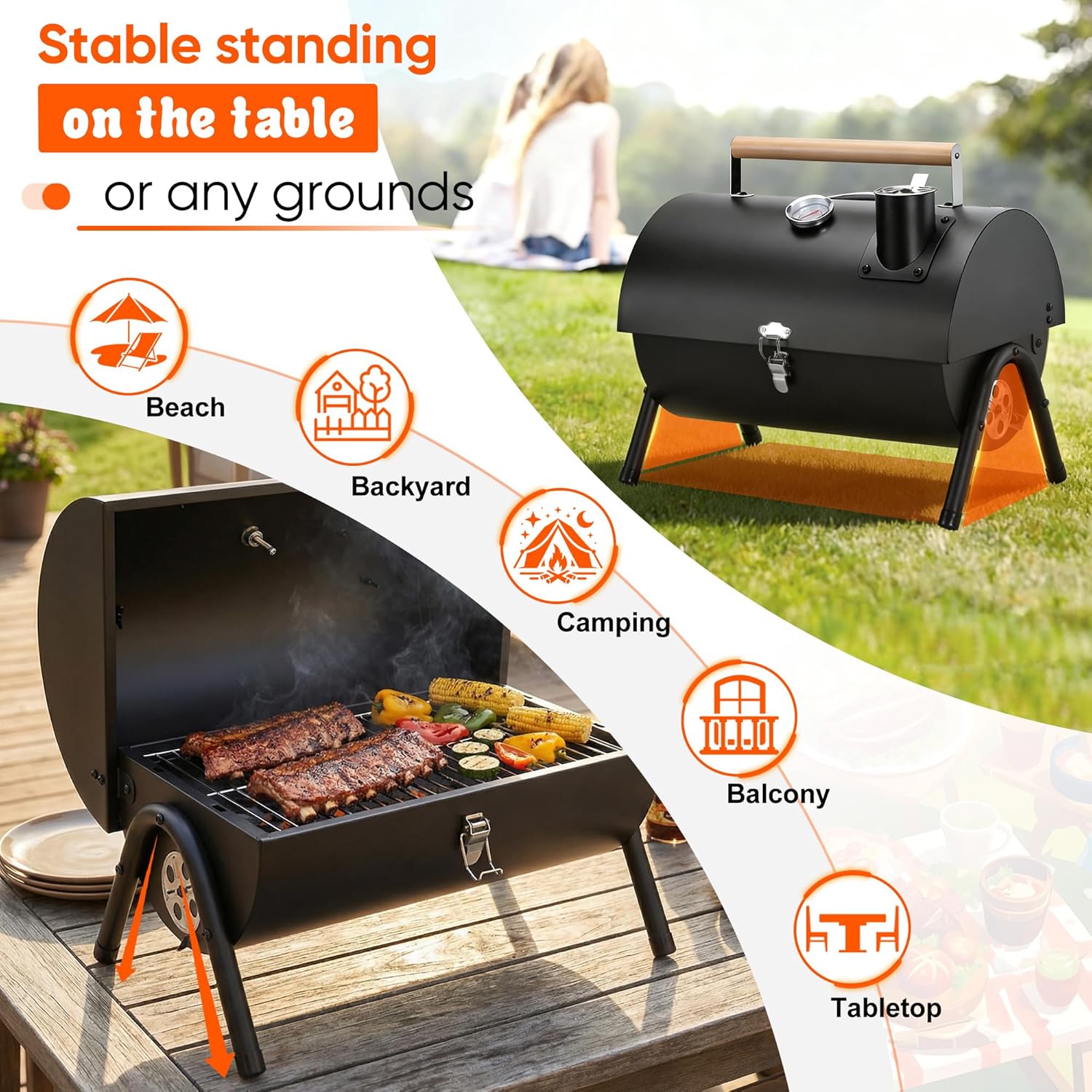 Portable Charcoal Grill with Basic BBQ Tools, HaSteeL Compact Tabletop Barbecue Grill with Thermometer, Small Smoker for Outdoor Camping Backyard Beach BBQ, Thick Steel, Easy to Assemble