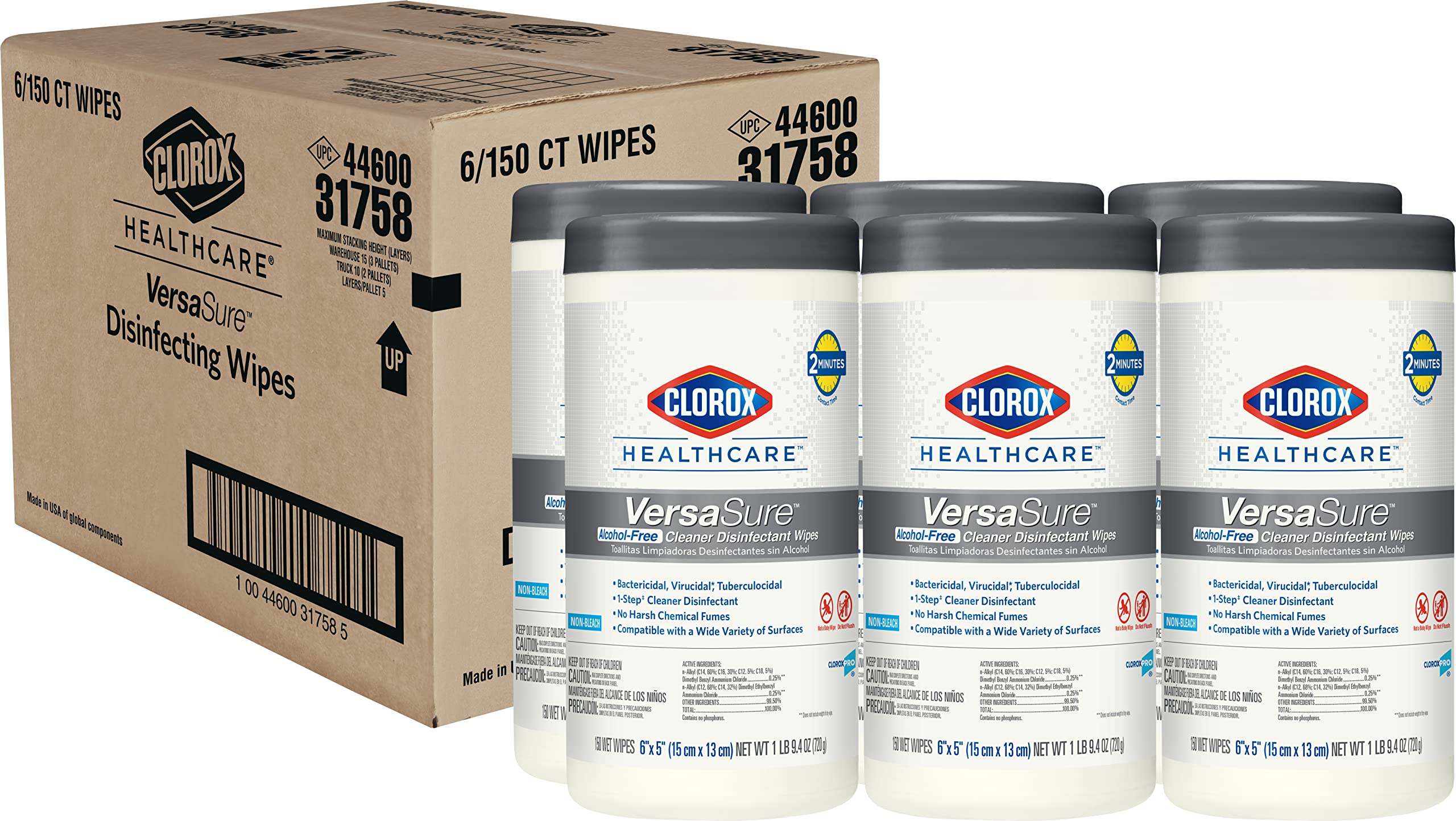 Clorox Healthcare VersaSure Cleaner Disinfectant Wipes, 150 Count Canister, Pack of 6