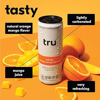 Tru Energy Drink, Caffeinated Sparkling Water with Real Fruit Juice, Orange Mango Flavored Seltzer, Natural Caffeine, No Added Sugar, Keto, Vegan, Kosher, Gluten Free, 12 Fl Oz (Pack of 12)