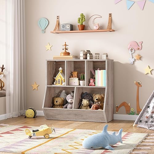 Miniatura 2 de HOOBRO Estantería para niños, estantería con cabecera, cubo de almacenamiento de juguetes, estantería para juguetes de niños, gabinete de