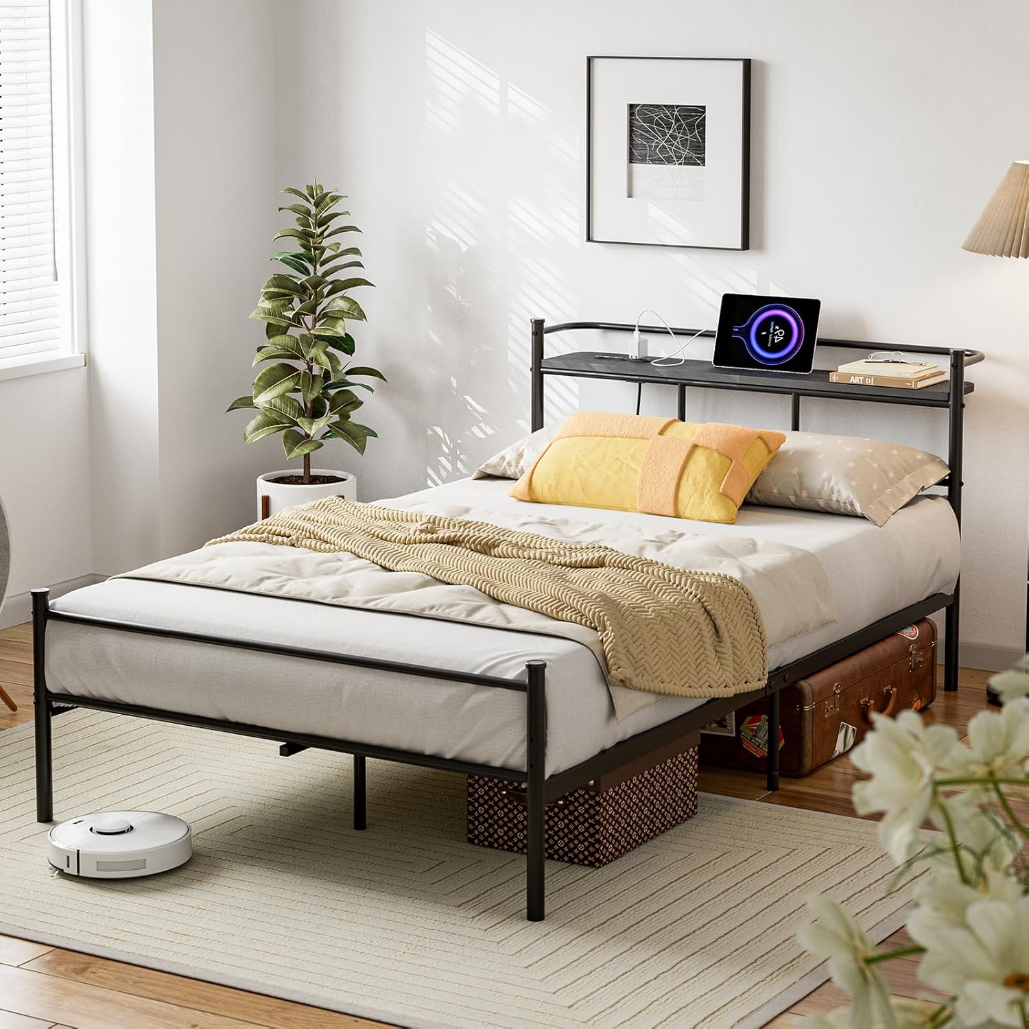 PRTONE パイプベッド ベッドフレーム セミダブル 棚付き コンセント