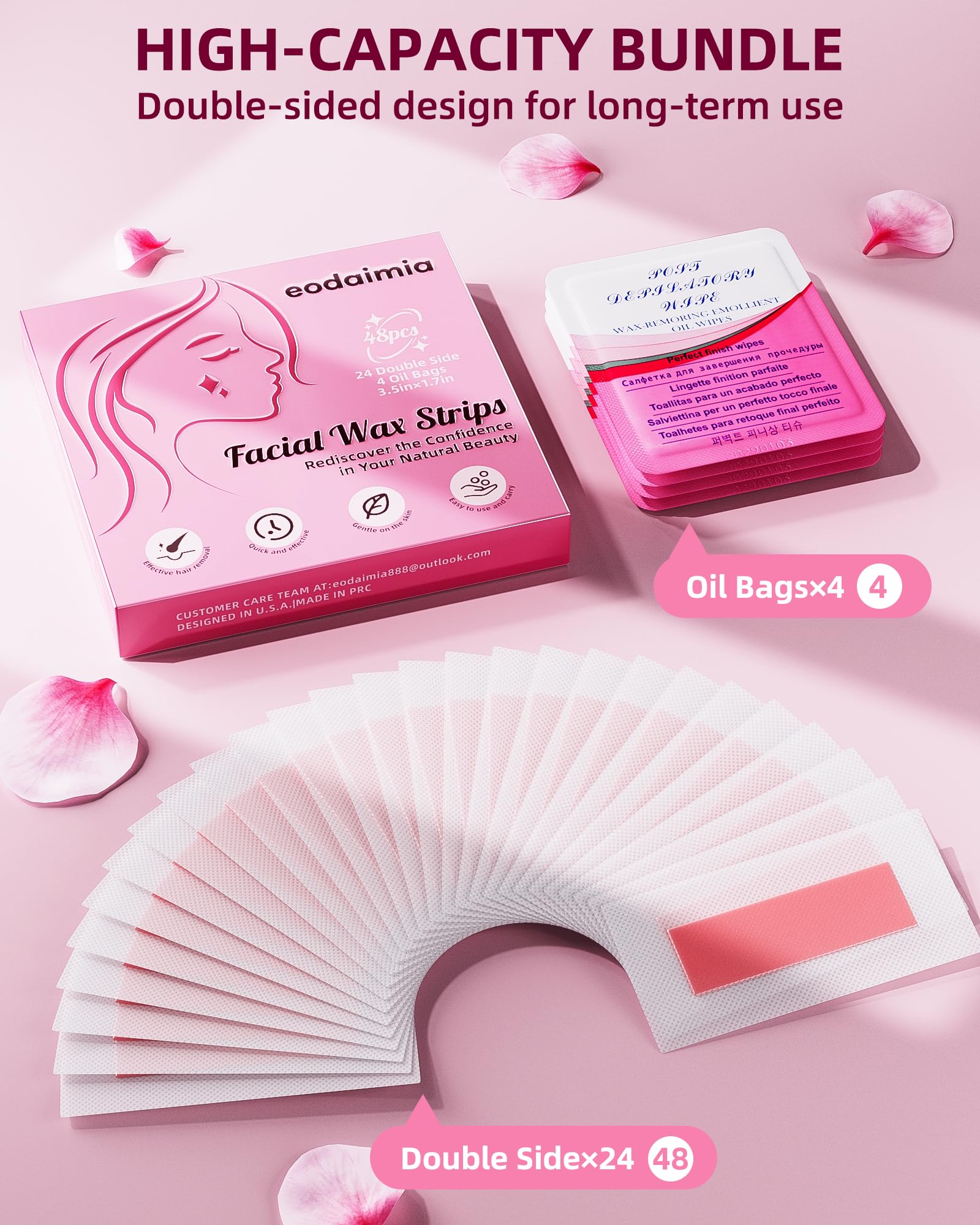 eodaimia 48pcs Wax Strips For Face, 48 Facial Wax Strips For Women, Waxing Kit For Women's Face, Eyebrow, Lip, Bikini, Chest, Body & 4 Calming Oil Wipes, Face Waxing Strips For All Skin Types — view 3