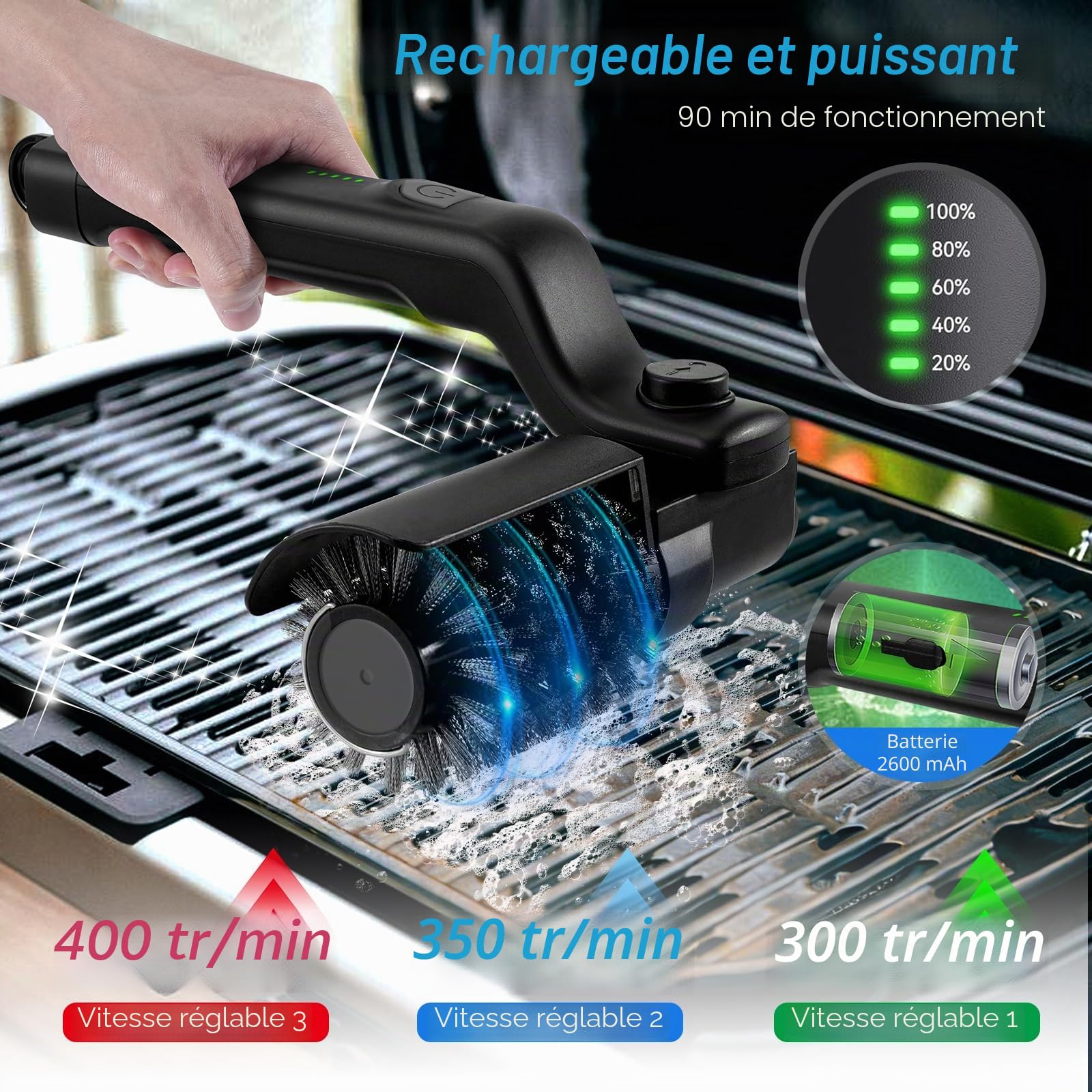 Brosse Électrique pour Barbecue, Brosse de Nettoyage de Gril sans Fil avec 3 Vitesses et 2 Brosse, 180° Réglable, Rechargeable Nettoyeur de BBQ en Acier Inoxydable pour Grilles de Barbecue