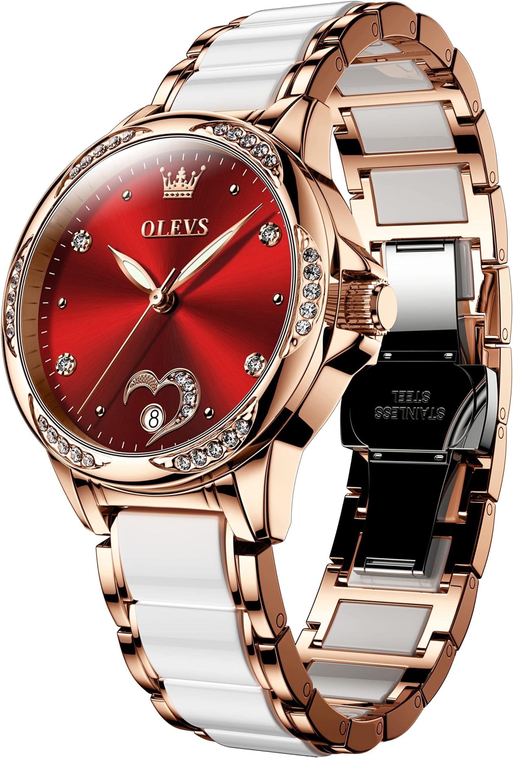 OLEVS Womens Automatic Watch, Premium Large Face Diamond Accented Self Winding Watches for Women, Fashion Waterproof Ladies Dress Watch, Two Tone Stainless Steel Ceramic Bracelet, 02 Heart/Red Dial,