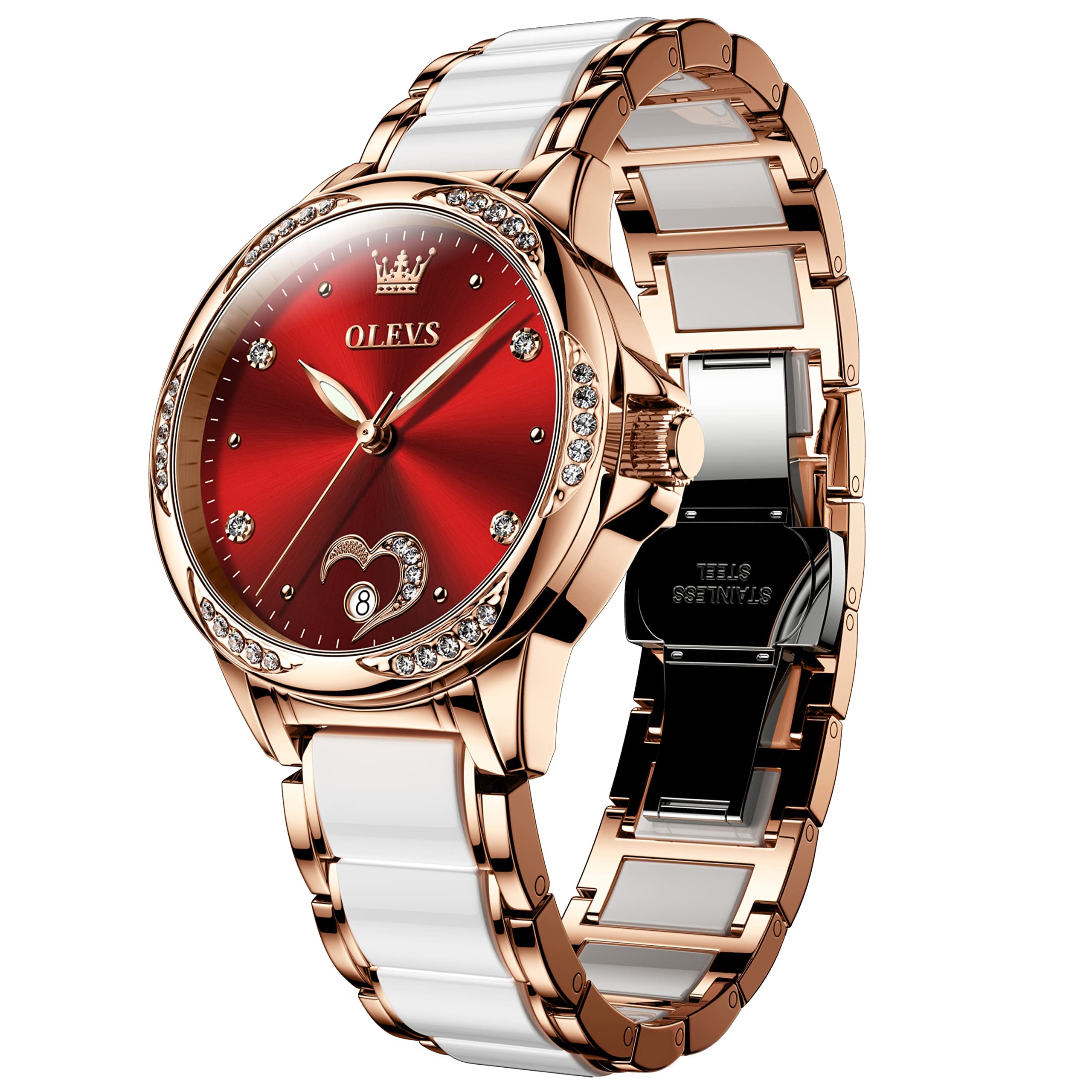 OLEVS Womens Automatic Watch, Premium Large Face Diamond Accented Self Winding Watches for Women, Fashion Waterproof Ladies Dress Watch, Two Tone Stainless Steel Ceramic Bracelet