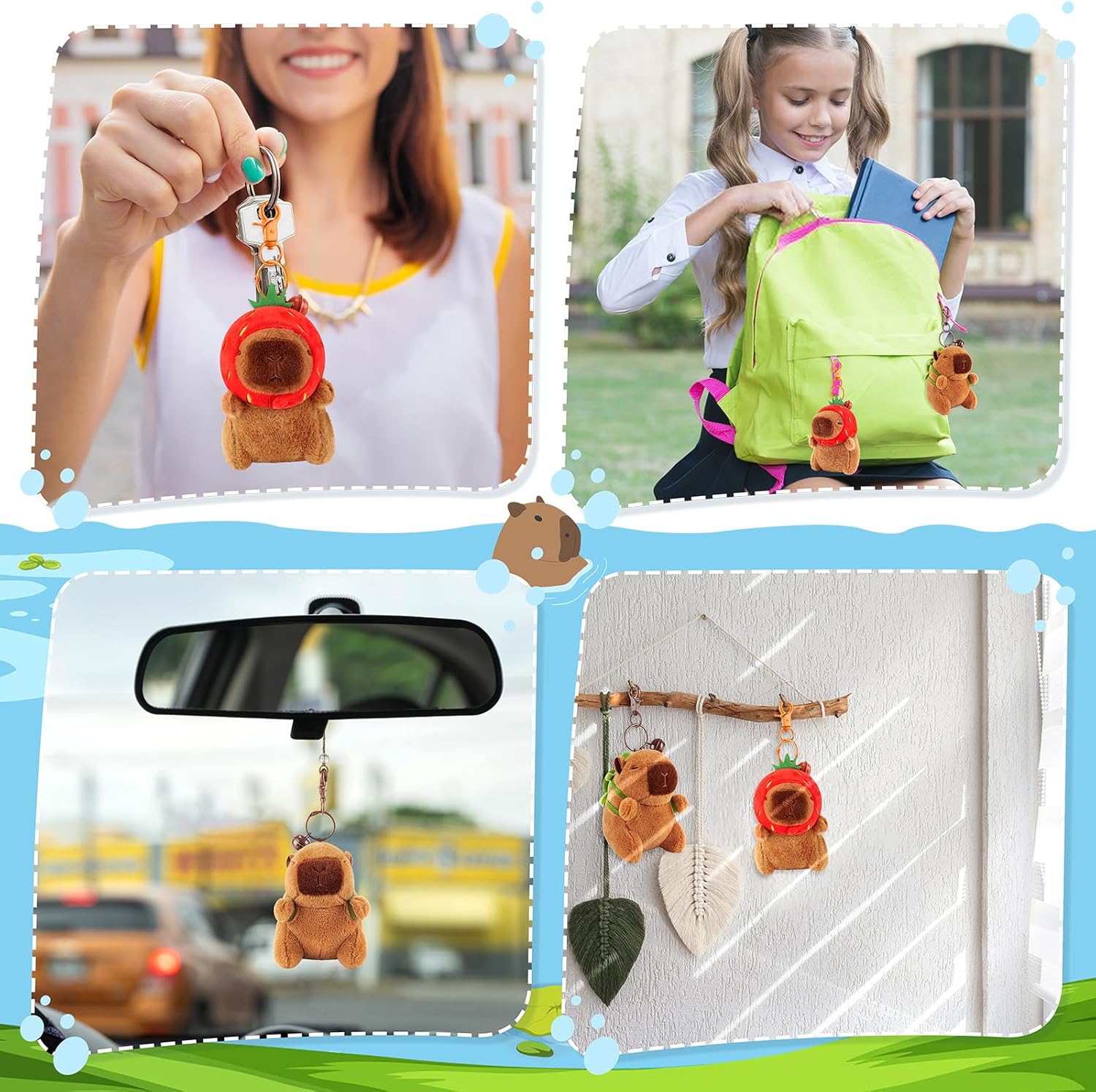 Achwishap 2PCS Capybara Plush Keychain,Cute Keychain Capybara Stuffed Animal,Soft Capybara Plush Toys Key Chain,Kawaii Plushie Stuffed Toys for Kids Adults Birthday Gifts(Turtle,Strawberry Hat)