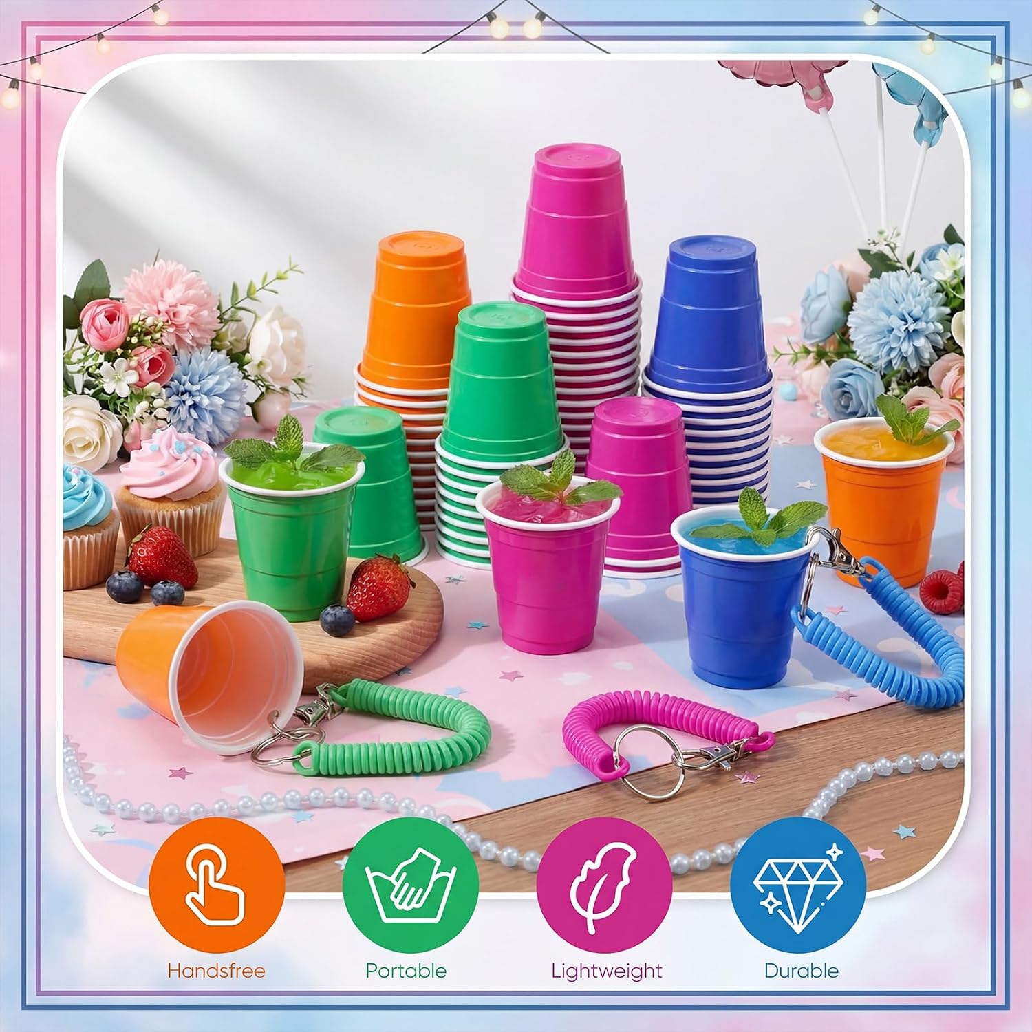 Meanplan 120 Pcs Mini Shot Cup with Wristband for Party Favor 2oz Disposable Plastic Shot Glass Bulk with Wrist Coil Small Wine Drinking Cup for Birthday Wedding Bachelorette Party Supply(Multicolor)