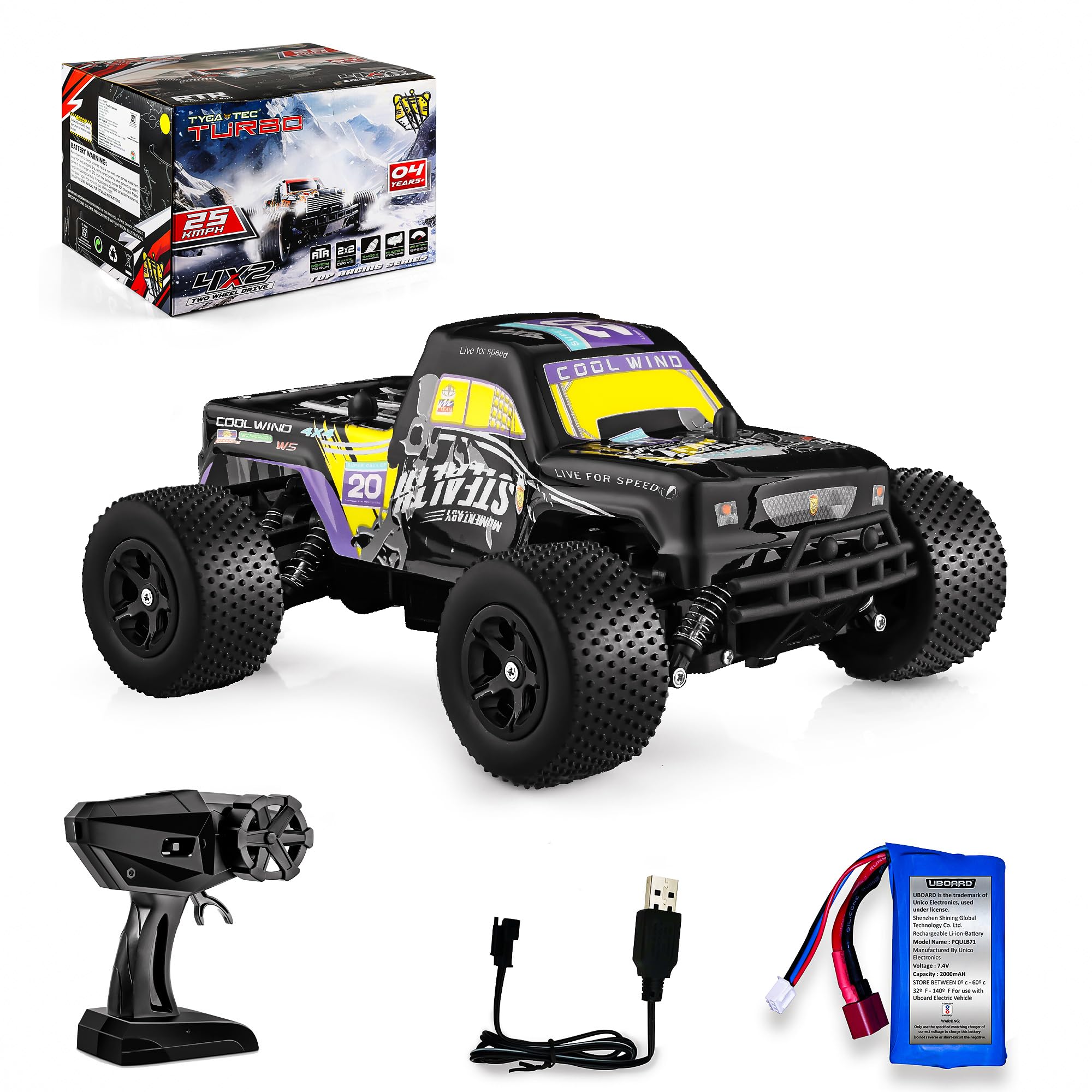 Tygatec Mini Ultra High-Speed Rc Car, 25 Kmph High Speed Remote Control Car with 2.4 Ghz Remote Control,Electric Vehicle,4X2 Wheel Drive Rc Trucks with Rechargeable Batteries,Yellow