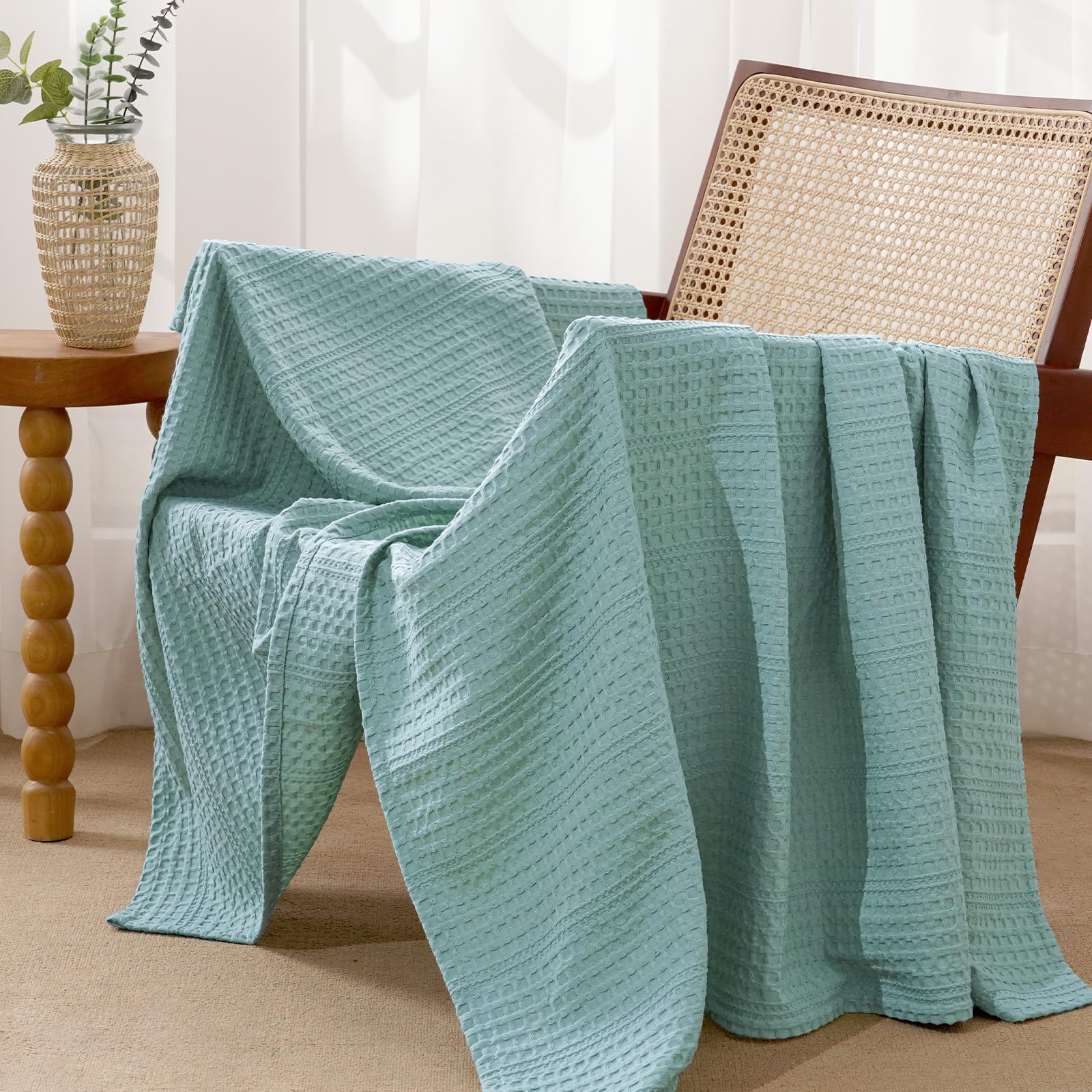 phf lightweight waffle weave blanket queen size 90"x 90", soft woven summer blanket for hot sleepers - aesthetic home decor for couch bed sofa, pet friendly, dusty blue