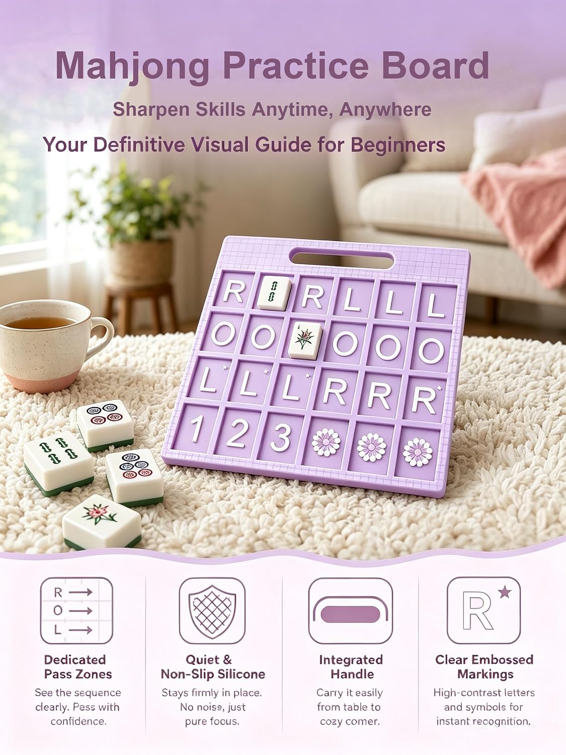 Solo Portable Mahjong Practice Board,Beginner Friendly 3D Printed Mahjong Training Tool Accessories Boards (Purple)