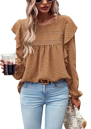 PRETTYGARDEN Women's Long Sleeve Ruffle Swiss Dot Crochet Tunic Dressy Casual Tops Blouses