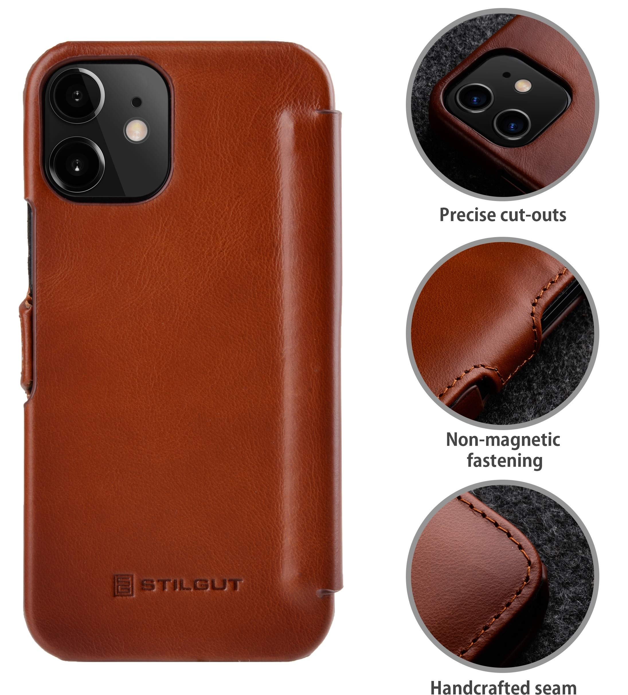 STILGUT Étui Cuir Véritable IPhone 12 Mini – Coque Rabat Latéral Fermoir Clip – Cognac Antique – Protection Élégante Et Chargement Sans Fil Compatible