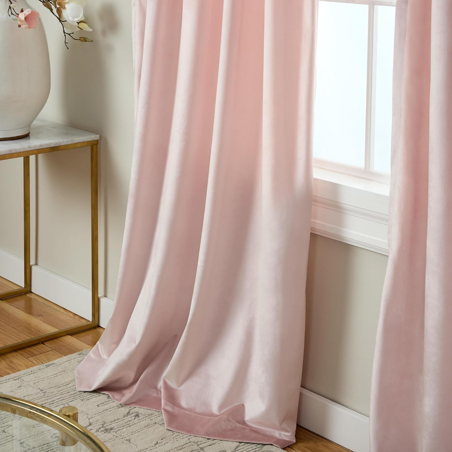 TOWN & COUNTRY LUXE Velour Solid Heavyweight Indoor Curtains, Light Filtering Opacity, Triple Pinch Pleat Top, Plush Velvet, 2-Pack Set, 27"x84", Blush