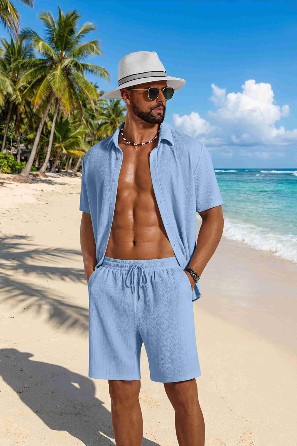 COOFANDY Men's 2 Piece Outfit Casual Short Sleeve Button Down Shirt and Beach Shorts Set Summer Vacation Outfits for Men - Image 3