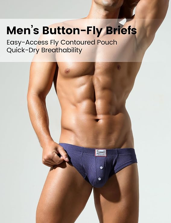 SEAUR Men Ribbed Bikini Briefs Breathable Pouch Underwear Sexy Low Rise Bulge Trunks Underpants with Button Fly