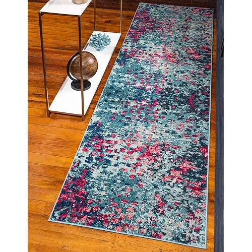 Unique Loom Jardin Collection Colorful, Vibrant, Abstract, Modern Area Rug (2' 7 x 10' 0 Runner, Blue/ Pink)