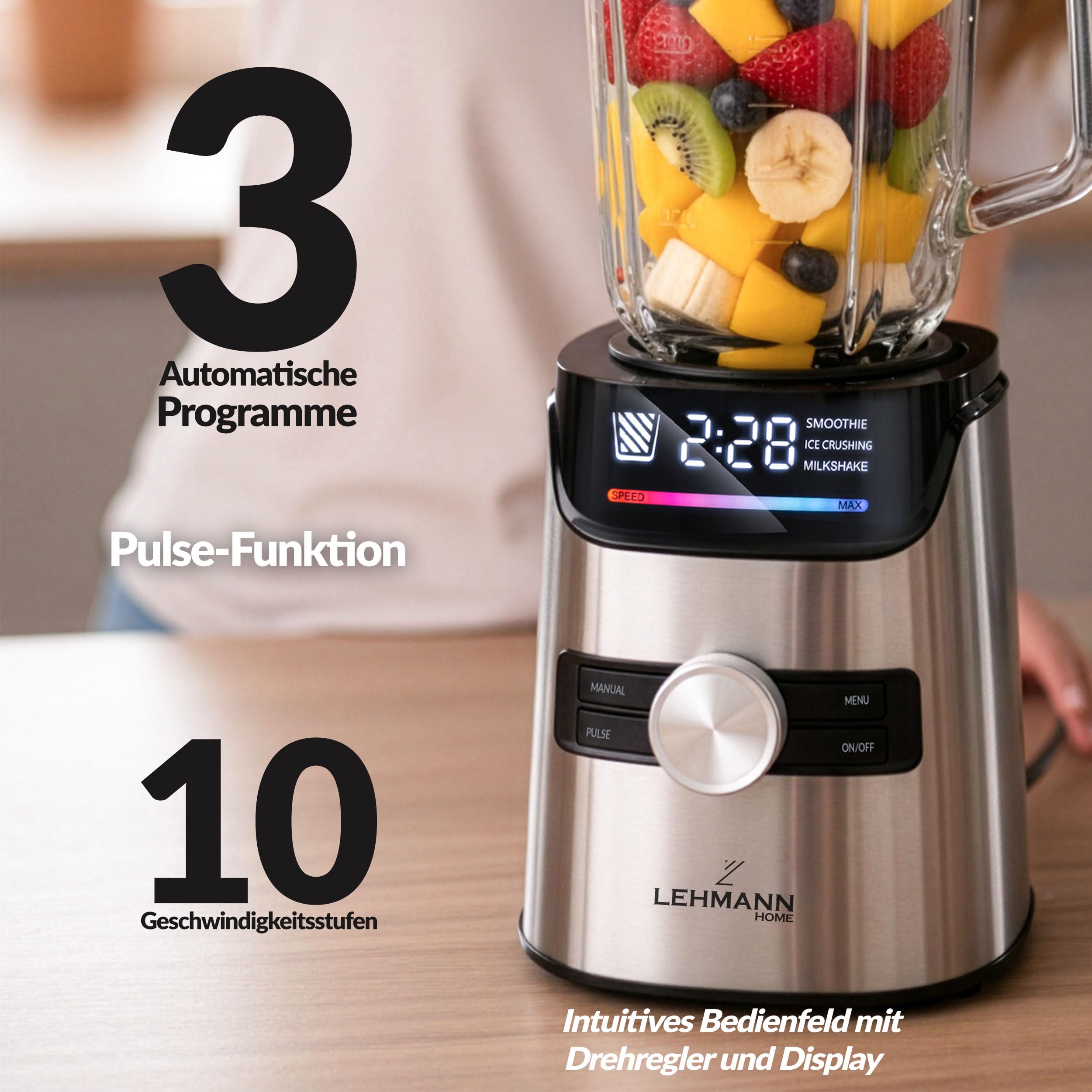 LEHMANN Standmixer 3-in-1 mit Glasbehälter 1,7 L, To-Go-Trinkflasche & Mahlwerk, 10 Geschwindigkeiten, Puls, 3 Programme für Smoothie, Milkshake, Eis-Crush, Spülmaschinengeeignete Teile, 1400 W