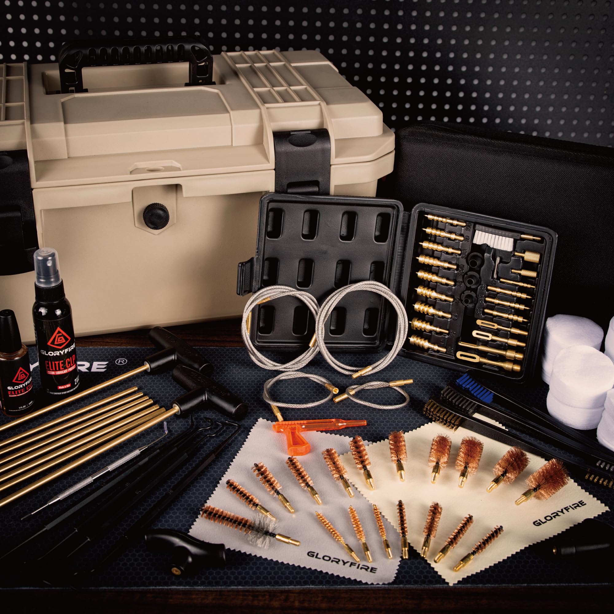 GLORYFIRE Adjustable Stand Deluxe Universal Gun Cleaning Kit - Highly Effective Cleaning Solutions for Hunting and Shooting - Portable/Compact - Brown