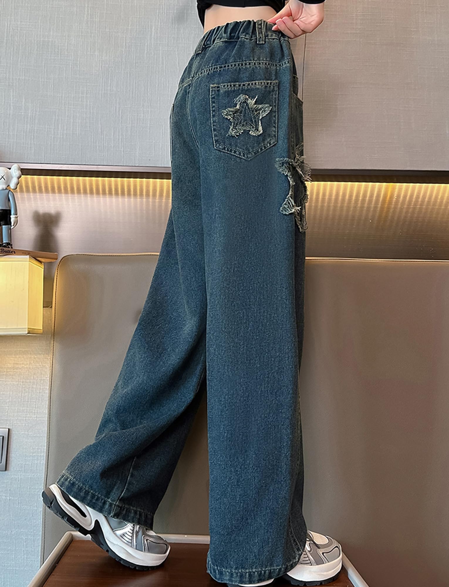 SEAUR Wide Leg Jeans for Girls Kids Baggy Jeans Y2K Elastic Waist Pants Casual Loose Denim Pants with Pockets Comfy Trousers