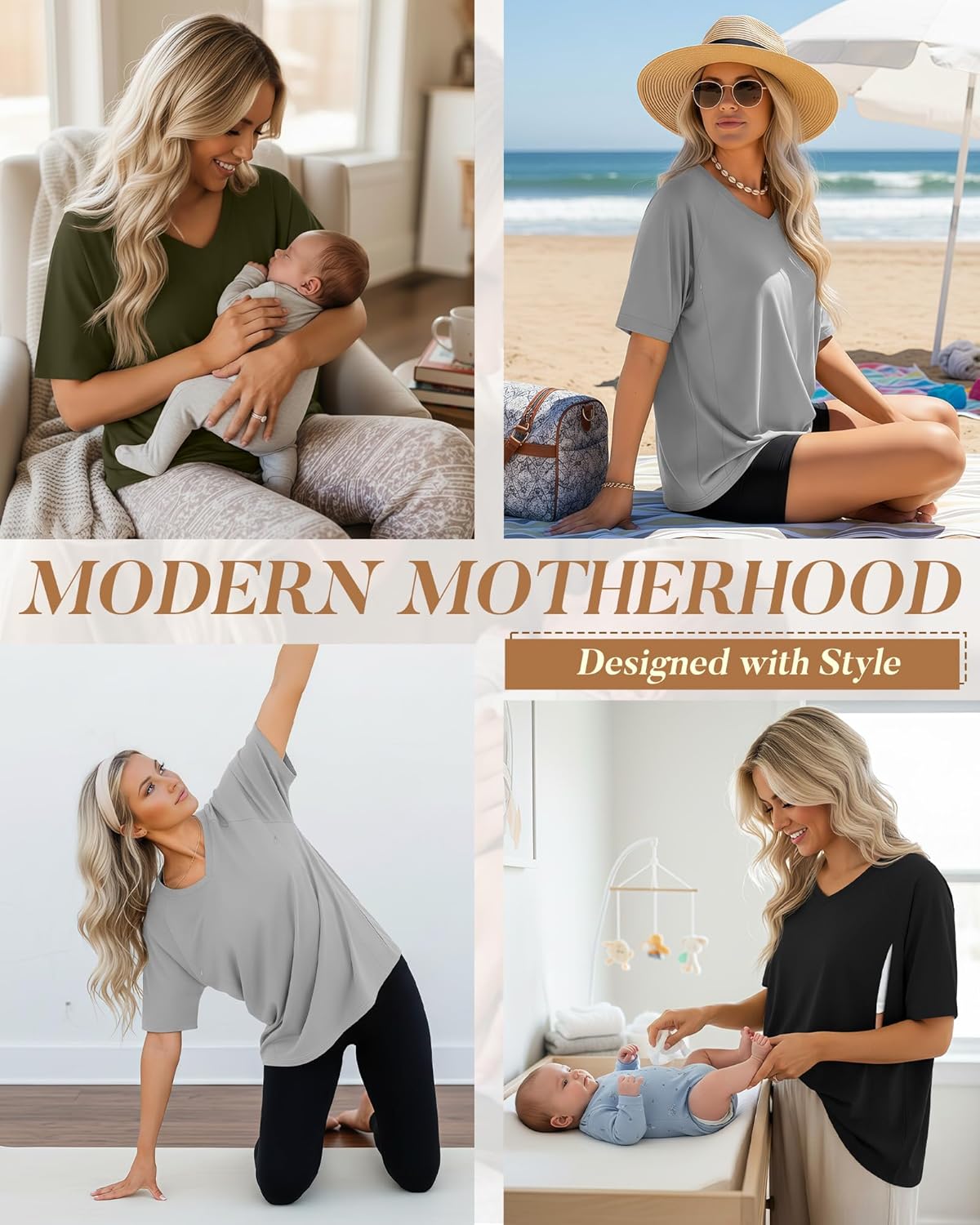 3 Pack Women's Oversized Nursing Shirts with Hidden Zip Breastfeeding Tops Short Sleeve Raglan Maternity Clothes