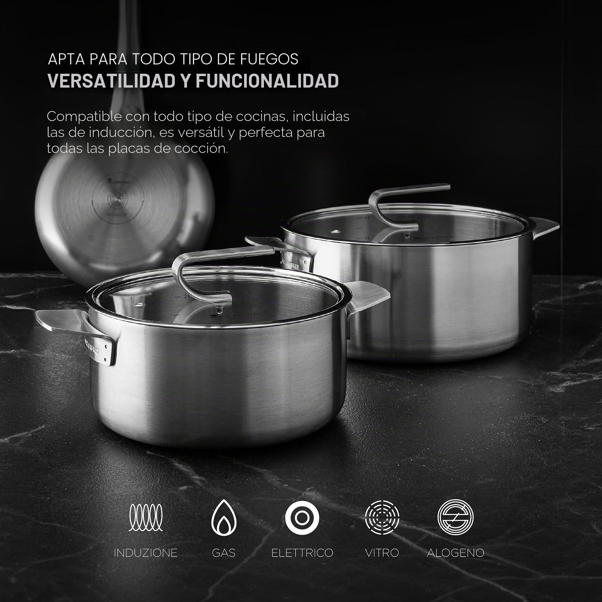 MasterPro SIGMA - Cacerola Grande con Tapa 9.2L 28x15 cm Acero Inoxidable - Multi-capa - Mango Duradero - Medidor Interno - Adecuada para Diversas Fuentes de Calor