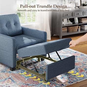 Vesgantti 3 in 1 Sofa Bed Blue, Convertible Sleeper Chair Bed with Adjustable Backrest, Fabric Single Chair with Side Pockets, Foldable Sofa Bed, Pull Out Sofa for Living Room