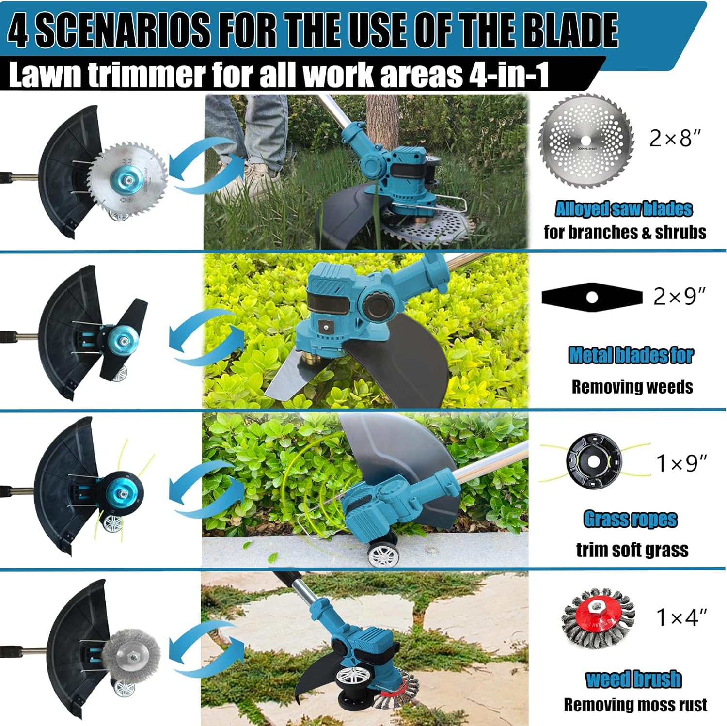Electric Weed Wacker Cordless, with 2 X 21V 3.0Ah Battery Powered, 4 in 1Cordless Weed Eater & Brush Cutter with 4 Types Cutting Blades for Lawn Yard Garden