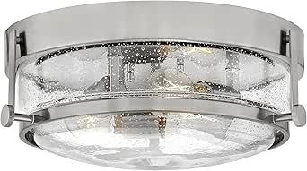 Hinkley Harper 3640BN-CS Small Flush Mount Ceiling Light, Retro Design, Prominent Metal Ring, Decorative Knobs, Brushed Nickel and Clear Seedy Glass