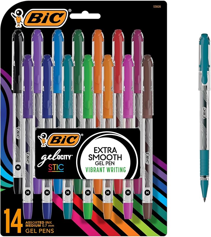 BIC Gel-ocity Smooth Stic Gel Pens, 14-Count, Medium Point (0.7mm) | Vibrant Gel Ink for Smooth Writing, Translucent Barrel for Ink Visibility, Ideal for Notes, Lists, And More