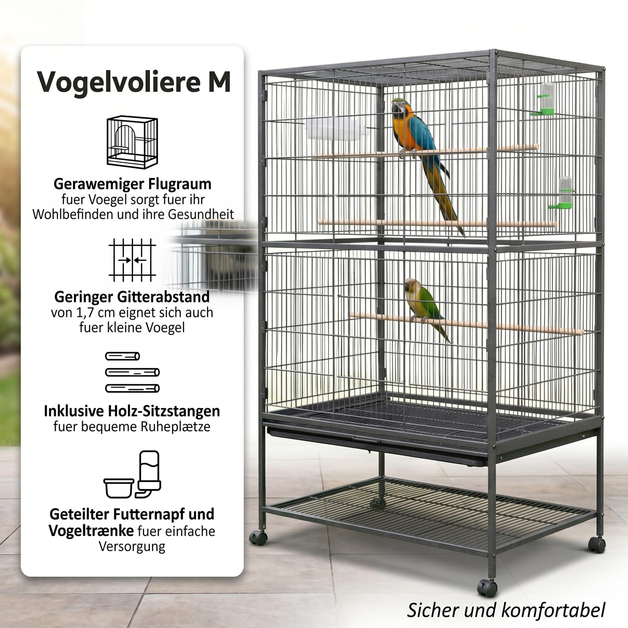 Mucola Vogelkäfig XXL Grau 131x78x52 cm – Vogelvoliere pulverbeschichteter Stahl mit herausnehmbarer Schublade, 4 Futternäpfen, Sitzstangen und Schaukel | Zuchtkäfig für Wellensittiche und Finken