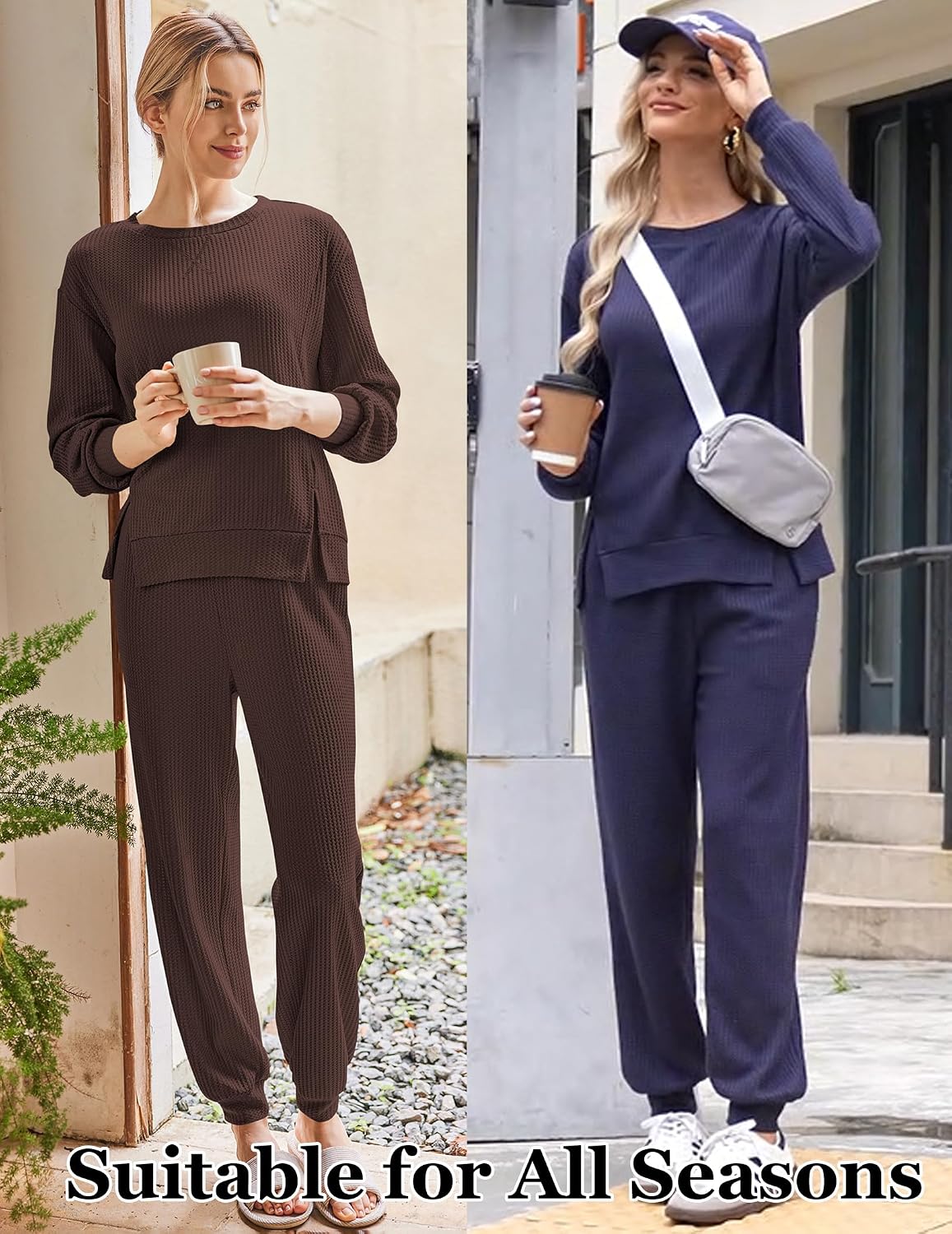 Ekouaer Waffle Knit Lounge Sets for Women Long Sleeve Pajamas with Pockets image 2
