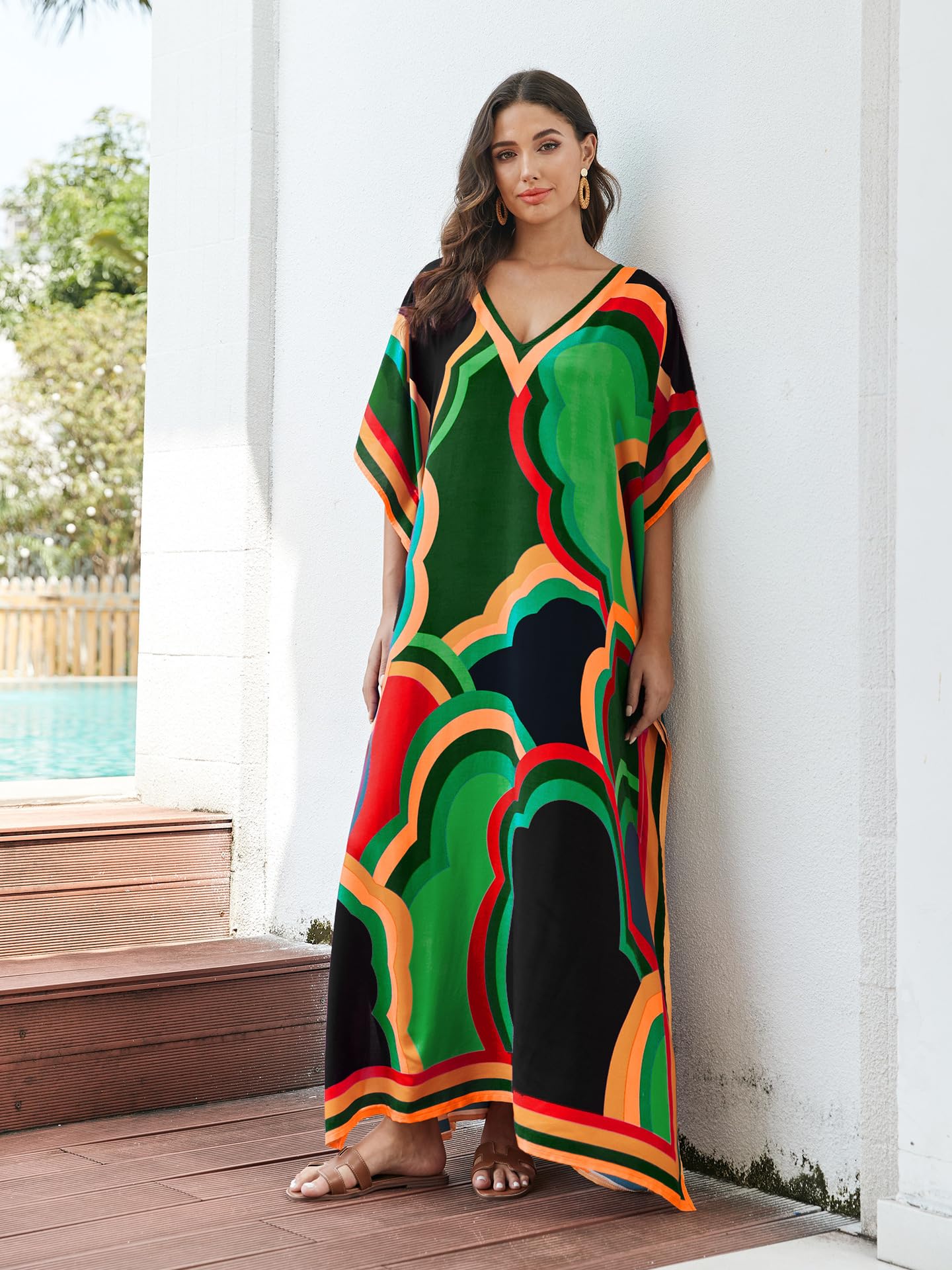Phagun Geometric Tribal Long Caftan Maxi Dress - Beach Cover Up, Swimwear, 52 Inch Length - View #3