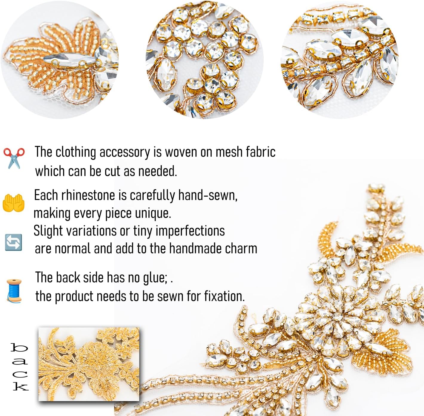 Pair Handmade Shining Crystals Rhinestones DIY Clothing Applique Patches, Sewing Beads Sequins Stone Trim Accessories for Wedding Dress Decoration(Gold-1-Large)