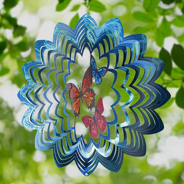 SUNJULY Wind Spinners for Garden, 3D Stainless Steel Butterfly Hanging Spinner, Metal Large Hanging Outdoor Wind Chimes with Wall Nails Butterfly Wind Sculptures (30 * 30cm)