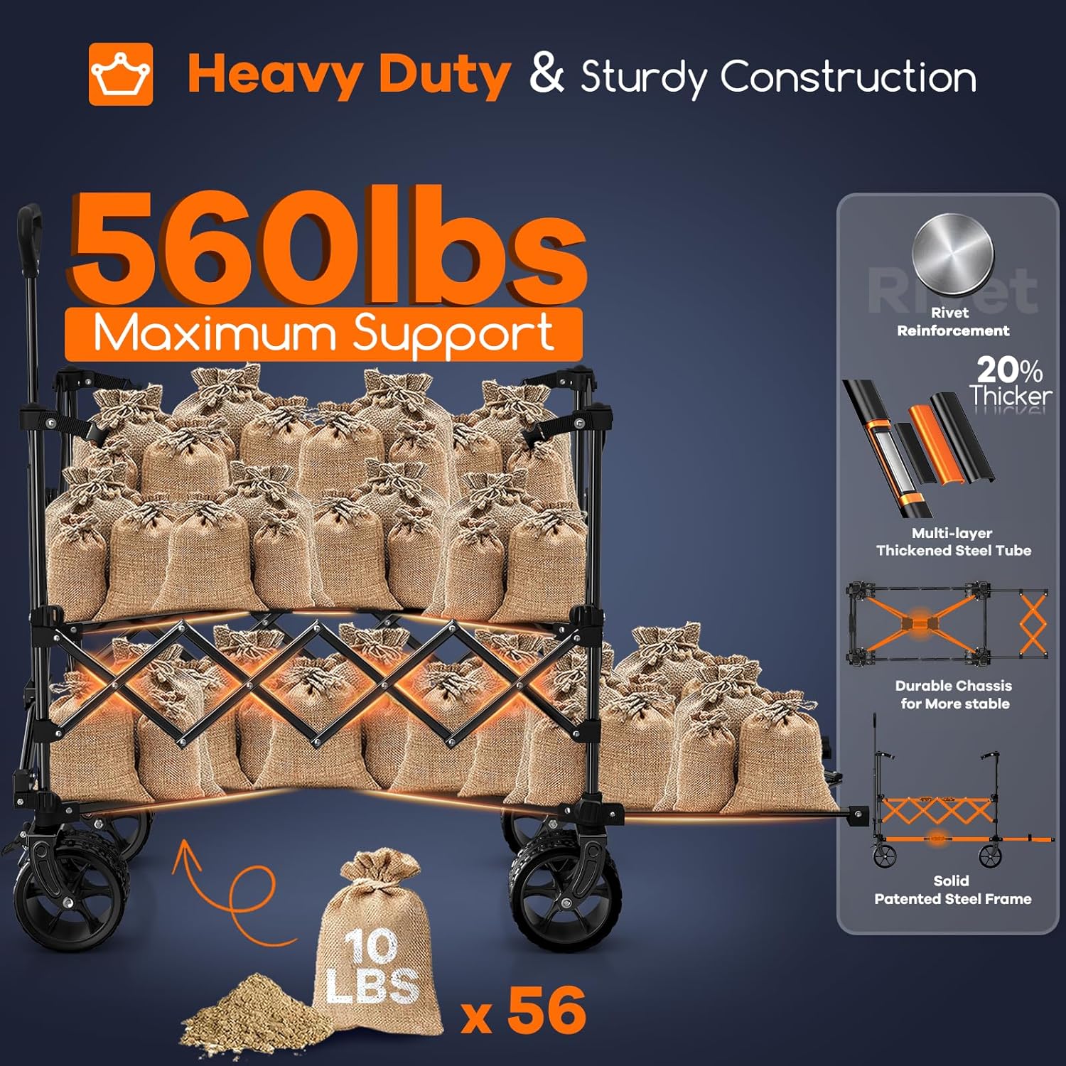 400L Double Decker Wagon Collapsible with 54" L Tailgate, 560lbs Heavy Duty Wagons Carts Foldable, Extra Large Folding Beach Wagon with Big All-Terrain Wheels for Camping, Sports, Groceries, Black