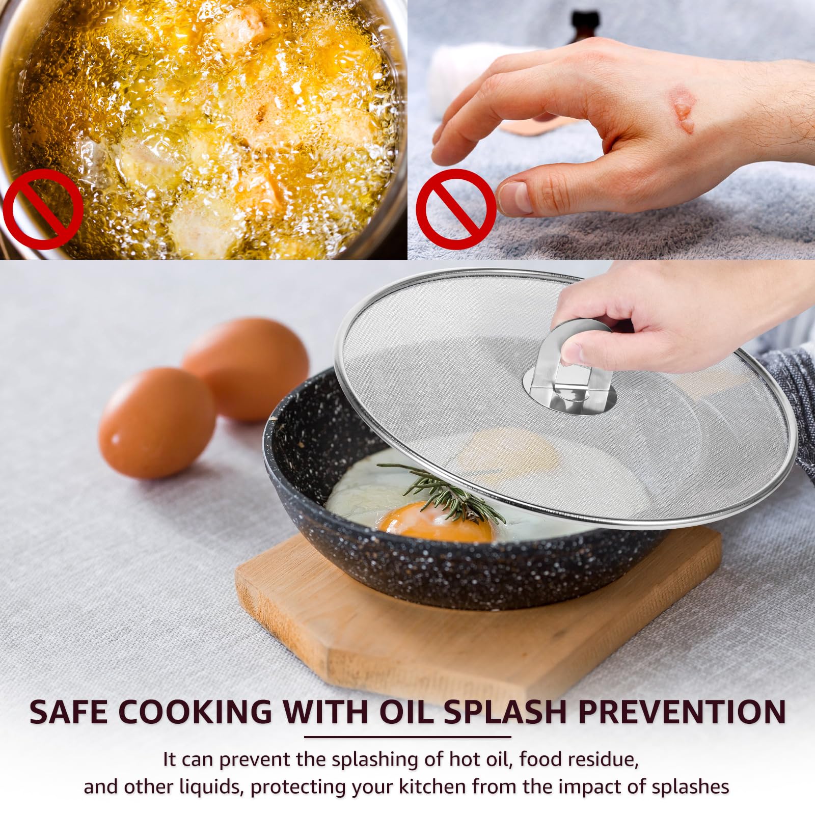 Splatter Screen for Cooking, 3Pcs Splatter Guard Proof Oil Splatter Cover with Foldable Handle Stainless Steel Frying Pan Mesh Oil Proofing Lids for Kitchen Cooking (9.8