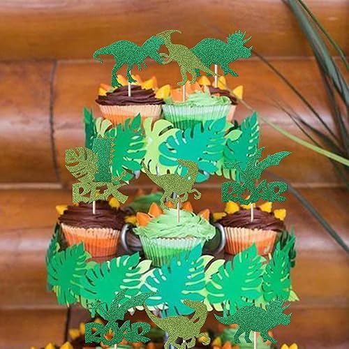 Miniatura 6 de Rsstarxi Paquete de 24 adornos de dinosaurio para cupcakes de tercer cumpleaños, purpurina verde, 3 Rex Roar, dinosaurios, tres años, para tres