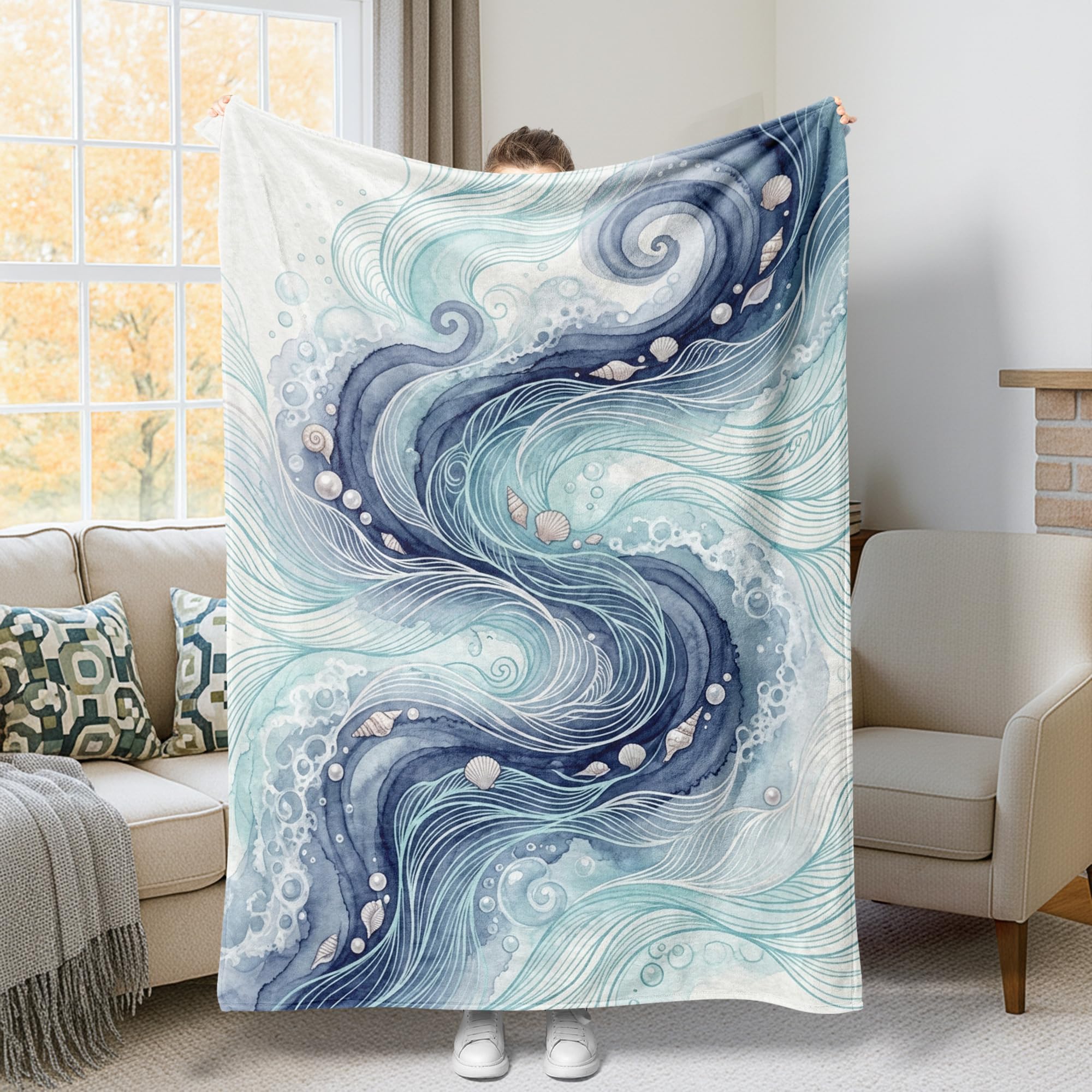 Couverture en fourrure bleu sarcelle 152x203 cm à motif de vagues pour canapé et lit