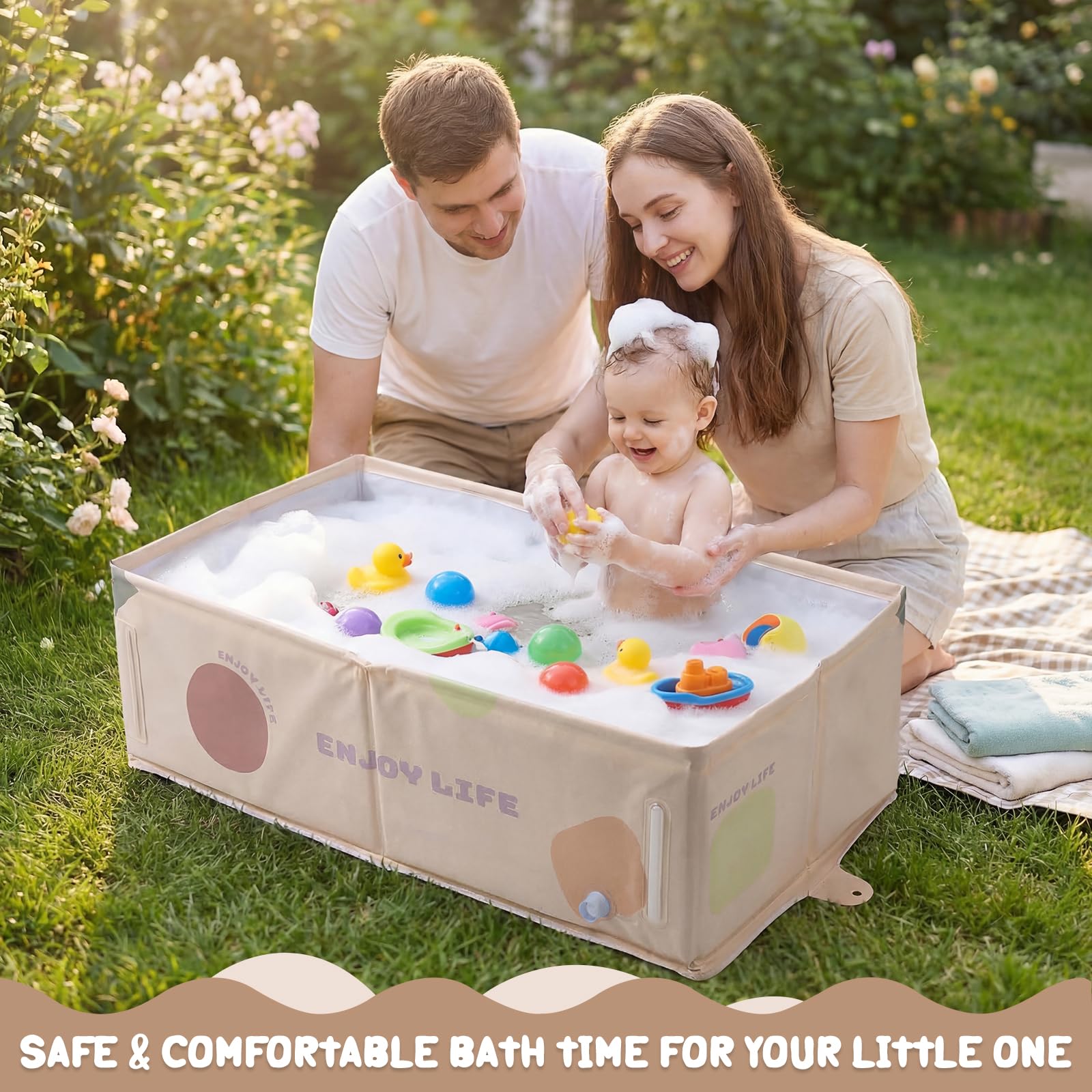Foldable Baby Bath Tub, Extra Large Non-Slip Kids Bath Tub, Portable Space-Saving Baby Bathtub for Newborn, Toddler & Young Children, Collapsible Bath for Home, Shower Room & Travel (Beige) - 5