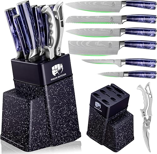 Miniatura 9 de FULLHI Juego de cuchillos de 8 piezas, juego de cuchillos de chef con bloque y afilador, juego de cuchillos de cocina, mango multicolor, regalos