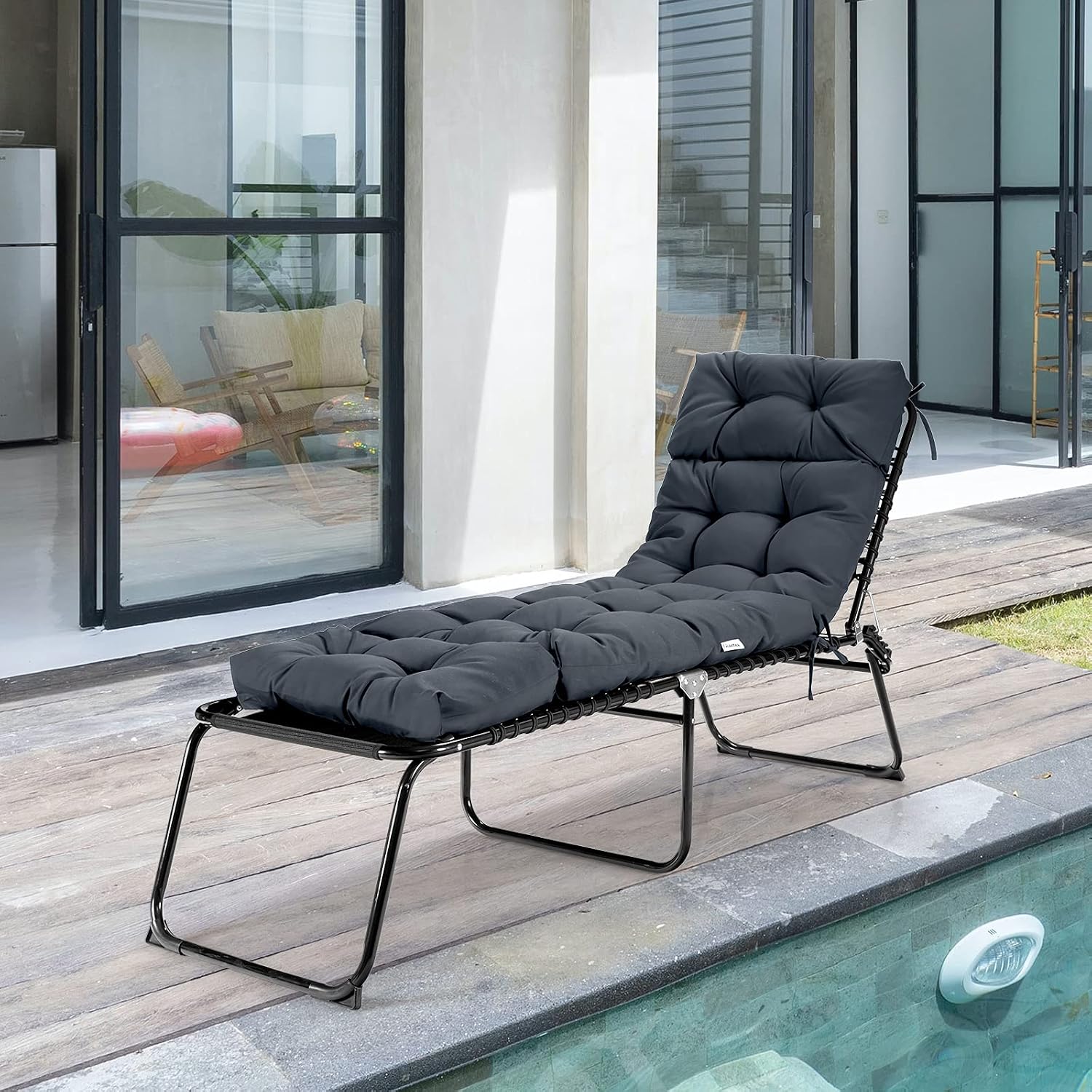 Giantex Set of 4 Lounge Chair Cushion, Outdoor Padded Cushion with String Ties, Patio Recliner Chaise Lounge Pads Replacement for Garden Poolside, 73X22X4 Inch Thick Indoor Floor Cushion Grey
