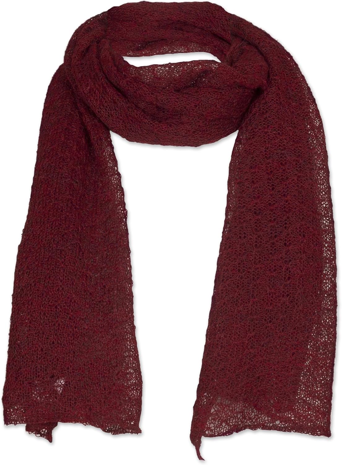 NOVICA Artisan Handmade 100% baby alpaca scarf Textured Wrap Scarf in Wine from Peru Alpaca Wool Bury Solid [59in L x 17.75in W] Gossamer Wine