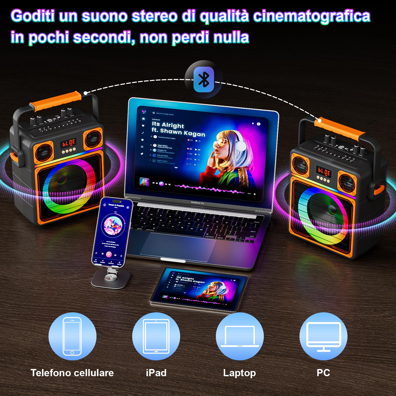 GuKKK - Altoparlante Karaoke con 2 microfoni senza fili, portatile, per adulti e bambini, sistema audio per feste con luci Disco,supporta TWS/FM/AUX/USB/TF