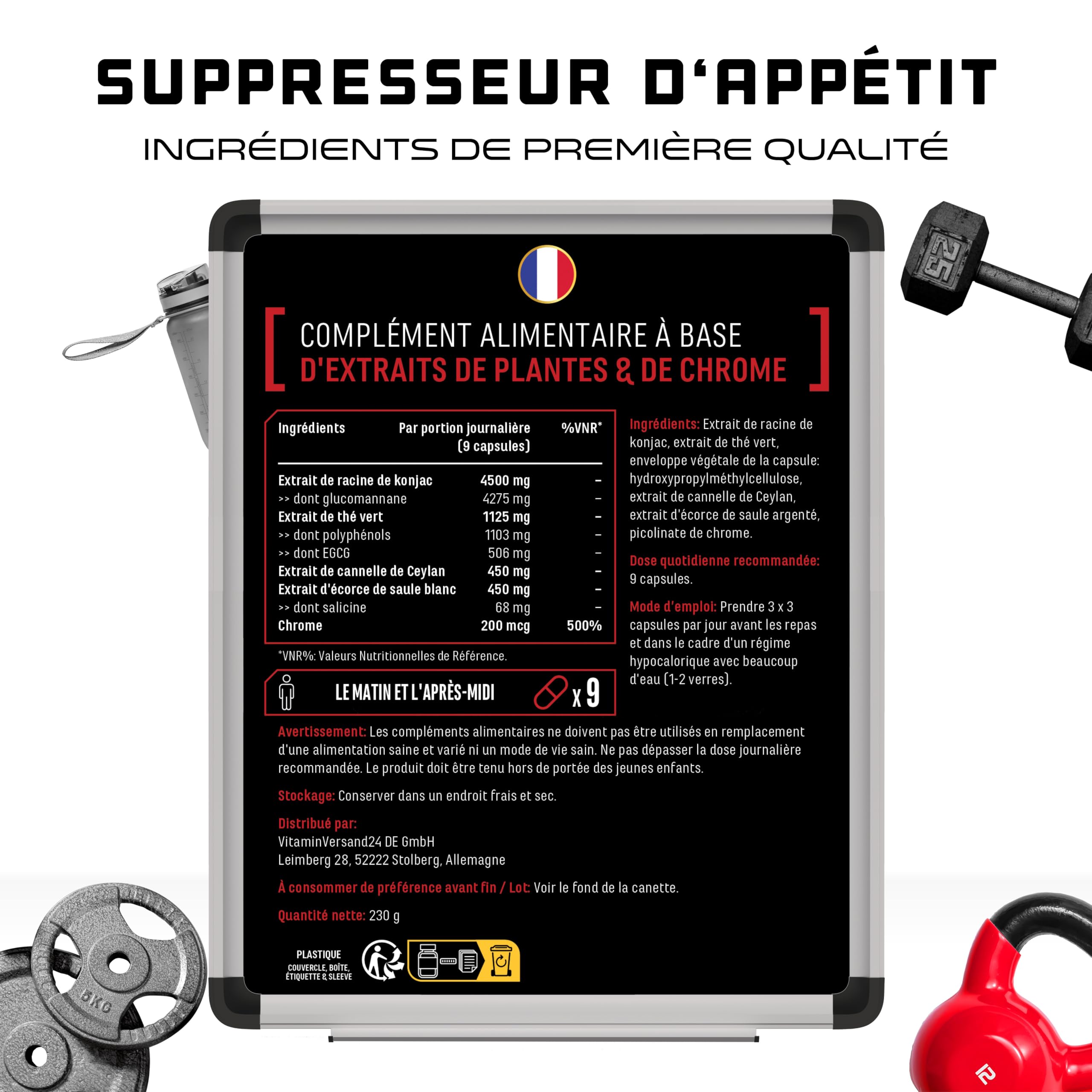 Appetite Suppressant - 270 gélules - Extrak hautement dosé avec glucomannane, extrait de thé vert, cannelle de Ceylan, extrait de saule blanc & Crom - Vegan